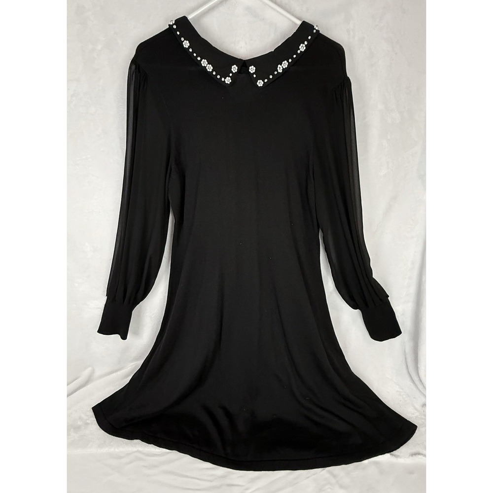CeCe Dress Size‎ XL Embellished Collar Tie Neck Black Sheer Sleeve Party LBD